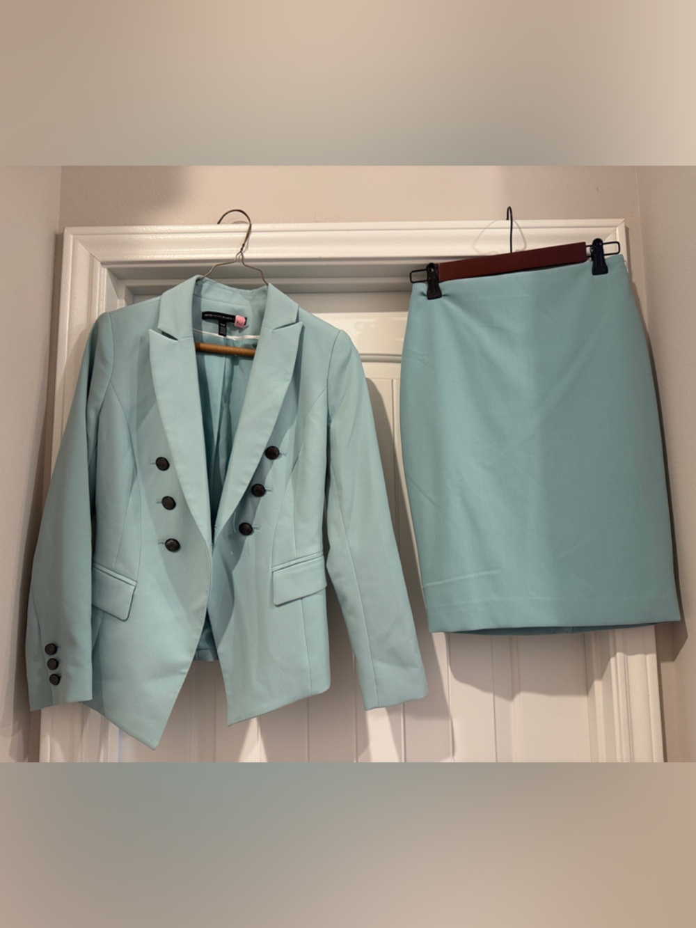 White House Black Market Mint-Teal Double-Breasted Blazer & Pencil Skirt Set